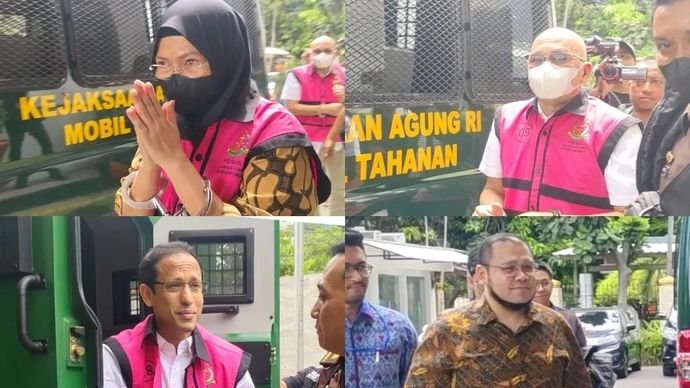 Empat tersangka kasus dugaan korupsi pengadaan Chromebook di Kemendikbudristek tahun 2019-2022; Sri Wahyuningsih (kiri atas), Mulyatsyah (kanan atas), Nadiem Makarim (kiri bawah), dan Ibrahim Arief (kanan bawah) dilimpahkan ke Kejaksaan Negeri Jakarta Pusat, Jakarta Pusat, Senin, 10 November 2025. ANTARA/Nadia Putri Rahmani.