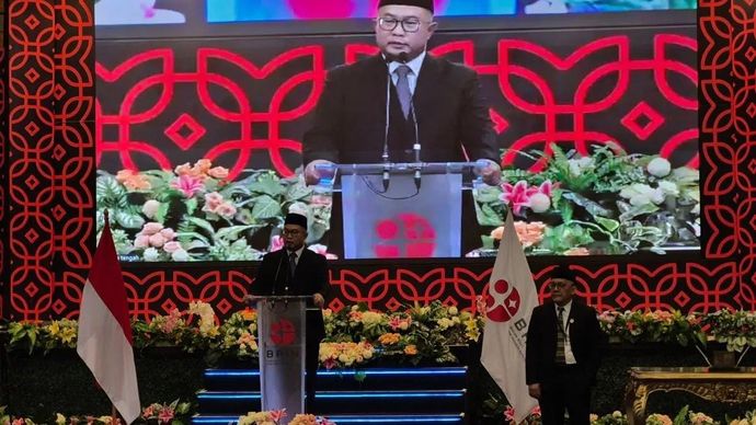 Kepala Badan Riset dan Inovasi Nasional (BRIN) Arif Satria memberi sambutan dalam acara Serah Terima Jabatan Kepala BRIN di Jakarta, Selasa 11 November 2025. ANTARA/Sean Filo Muhamad