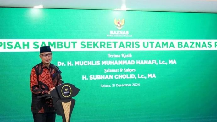 Sekretaris Utama Badan Amil Zakat Nasional (Baznas) RI Subhan Cholid dalam kegiatan pisah sambut jabatan di Jakarta, Selasa, 31 Desember 2024. (ANTARA/HO-Baznas RI)