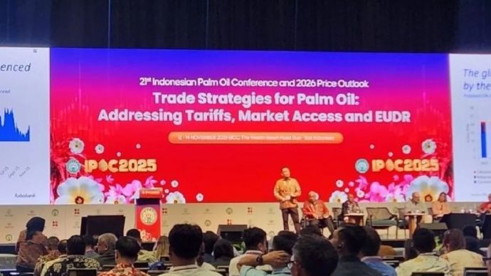 Salah satu narasumber memberikan pemaparan dalam 21st Indonesian Palm Oil Conference (IPOC) dan 2026 Price Outlook di Nusa Dua, Bali, Kamis, 13 November 2025. ANTARA/HO/Subagyo.
