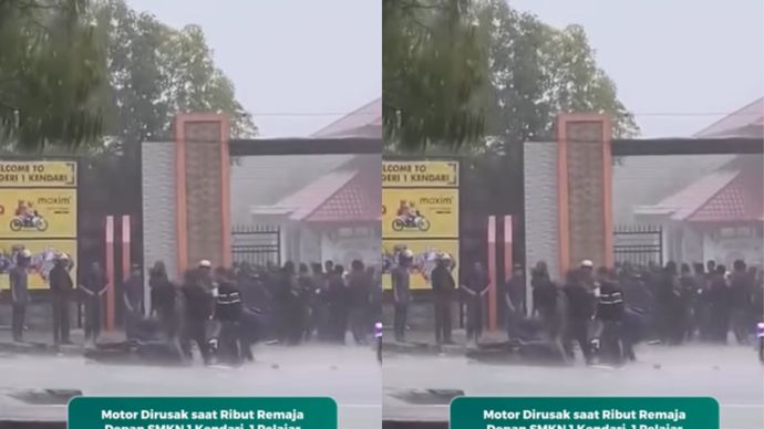 Remaja yang saling serang itu diduga berasal dari kelompok pelajar SMKN 1 Kendari (Smea) dan SMKN 2 Kendari (STM). Aksi tawuran terjadi di tengah hujan deras, membuat suasana di gerbang sekolah mendadak ricuh.