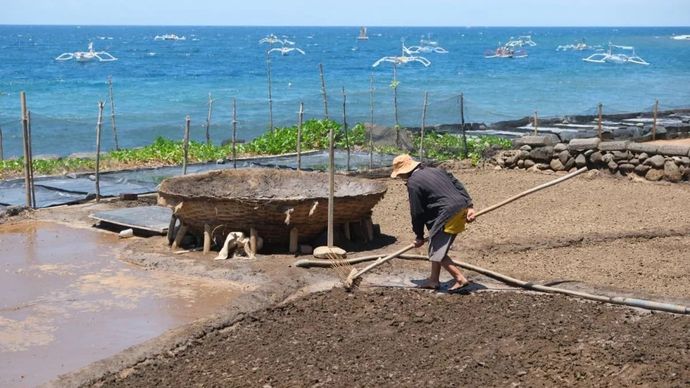 Petani garam palungan melakukan proses produksi garam secara tradisional yang menjadikan garam les sebagai ikon utama serta penggerak ekonomi Kampung Berseri Astra Les di Kabupaten Buleleng, Bali Utara.
