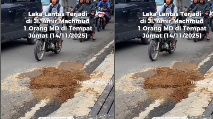 Telah terjadi laka lantas yang melibatkan pengendara sepeda motor di Jalan Jend. H. Amir Machmud, Cimahi tepatnya di depan kantor Pajak Cimahi pada Jumat (14/11/2025) sekitar pukul 15.20 WIB.