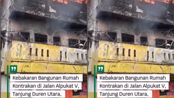 Bangunan rumah kontrakan di Jalan Alpukat V, RT.7/RW.2, Kelurahan Tanjung Duren Utara, Kecamatan Grogol, Jakarta Barat dilaporkan terbakar.