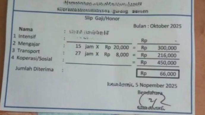 slip gaji seorang guru yang hanya menerima Rp66 ribu untuk satu bulan mengajar