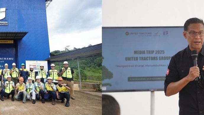 Kebersamaan tim UT, EPN, UEP, dan rekan-rekan media di PLTM Besai Kemu (foto kiri). Sambutan Direktur EPN, Boy Gemino Kalauserang (foto kanan).