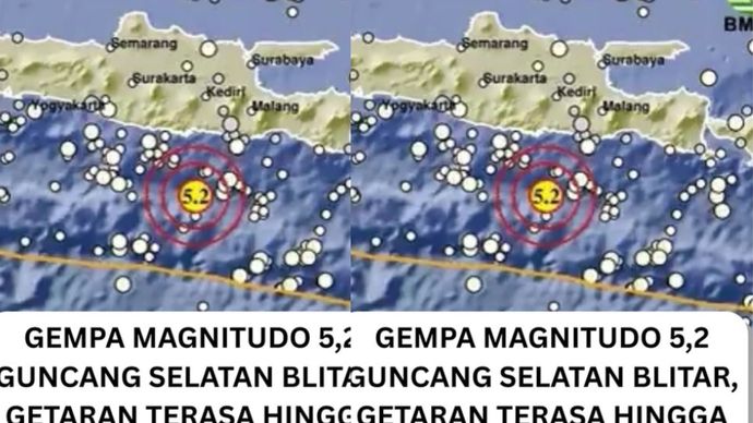 Gempa bumi berkekuatan M 5,2 terjadi pada Senin dini hari (24/11) pukul 03.40 WIB di wilayah 141 km barat daya Kabupaten Blitar, Jawa Timur