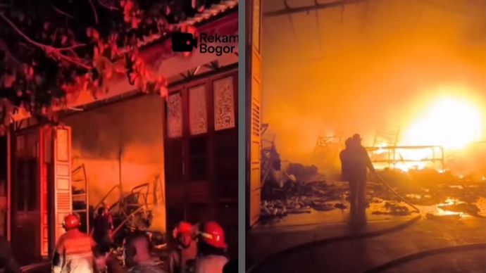 Kebakaran melanda salah satu toko bangunan atau matrial di Desa Leuwinutug RT 05/02, Kecamatan Citeureup, Kabupaten Bogor, Selasa, 25 November 2025.