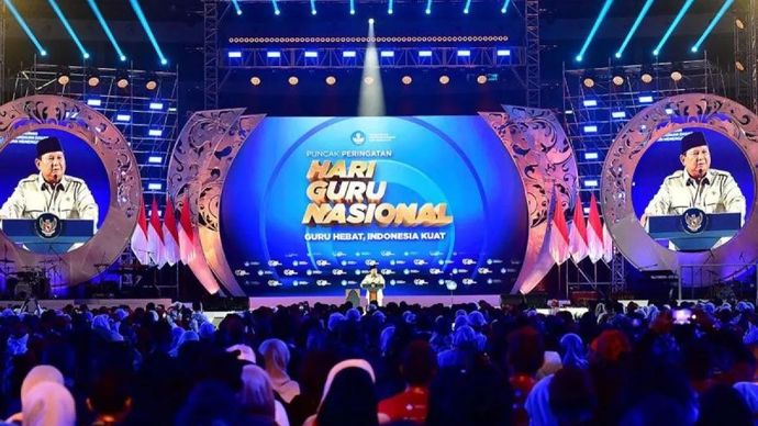 Presiden Prabowo Subianto memberikan sambutan pada Puncak Peringatan Hari Guru Nasional (HGN) 2025 di Indonesia Arena Jakarta, Jumat 28 November 2025. ANTARA/HO-BPMI Sekretariat Presiden/aa.