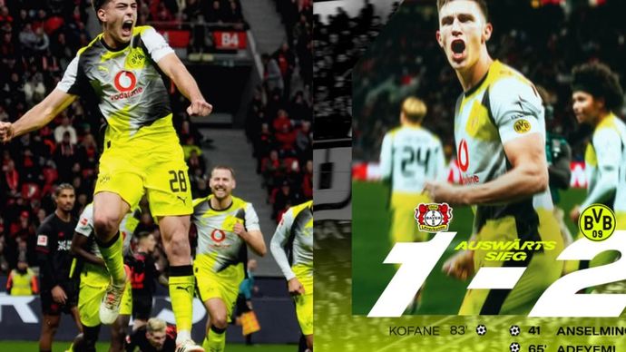 Borussia Dortmund mempermalukan Bayer Leverkusen dengan skor 2-1 dalam pertandingan pekan ke-12 Liga Jerman 2025/2026 di BayArena, Sabtu.