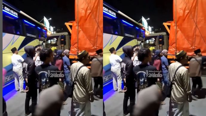 Telah terjadi laka lantas sebuah truk pengangkut barang menabrak bus rombongan jemaah ziarah di area parkir Pesantren Cilongok, Pasar Kemis, Kabupaten Tangerang, pada Minggu (30/11/2025).