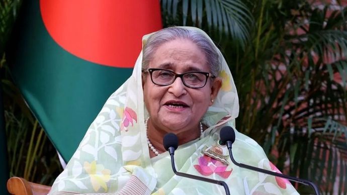 Perdana Menteri Bangladesh Sheikh Hasina berbicara pada pertemuan di Dhaka, Bangladesh, Senin, 8 Januari 2024. ANTARA/Xinhua/HO-PMO/aa.