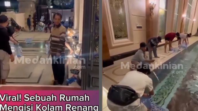Viral! Rumah Isi Kolam Renang Pakai Galon Air Mineral di Tengah Bencana  Sebuah video mendadak viral memperlihatkan sebuah rumah yang tengah mengisi kolam renang menggunakan galon air mineral. Momen ini menuai sorotan publik karena terjadi di saat banyak wilayah di Sumatra dan Aceh sedang tertimpa bencana dan masyarakat berjuang menghadapi dampaknya.