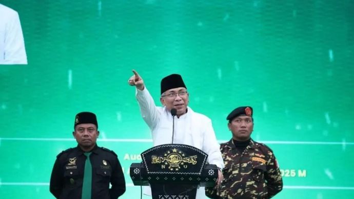 Ketua Umum PBNU Yahya Cholil Staquf pada sambutannya saat melantik Pengurus Wilayah Nahdlatul Ulama (PWNU) Provinsi NTB masa khidmat 2025-2030 di Auditorium UIN Mataram, Minggu 14 September 2025. ANTARA/Nur Imansyah