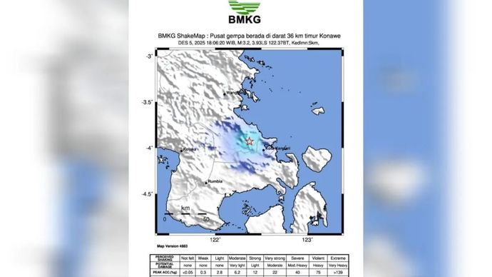 Titik gempa bumi berdasarkan permodelan BMKG di Kabupaten Konawe, Sulawesi Tenggara 5 Desember 2025. ANTARA/HO-BMKG Kendari.