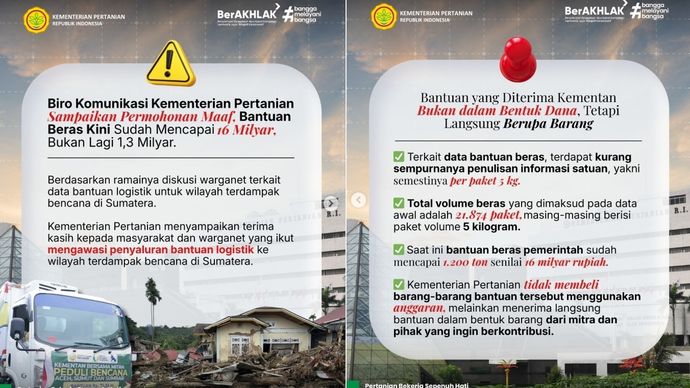 Kementerian Pertanian pimpinan Amran Sulaiman mengklarifikasi viralnya unggahan di sosial media yang menyebut beras bantuan bencana Sumatera seharga Rp60 ribu per kilogram. Jauh lebih mahal dari harga pasaran yang sekitar Rp15 ribu per Kg