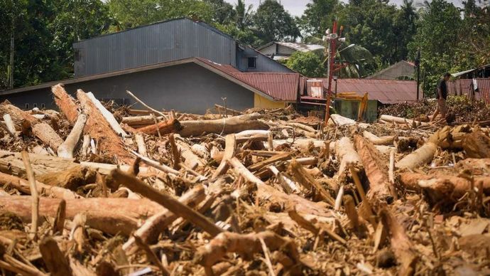 Warga melintas di antara tumpukan gelondongan kayu di permukiman di Tabiang Bandang Gadang, Nanggalo, Padang, Sumatera Barat, Selasa (9/12/2025). Gelondongan kayu yang terbawa banjir bandang sejak dua pekan lalu masih tersangkut di wilayah itu. ANTARA FOTO/Iggoy el Fitra/nz.