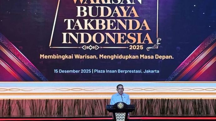 Menteri Kebudayaan Fadli Zon saat memberi sambutan dalam Apresiasi Warisan Budaya Takbenda Indonesia yang digelar di Jakarta, Senin malam 15 Desember 2025. /ANTARA/Sinta Ambarwati.