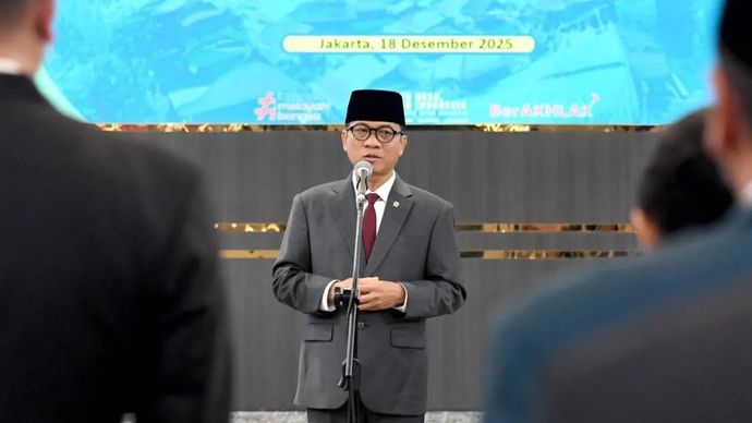 Menteri Desa dan Pembangunan Daerah Tertinggal (Mendes PDT) Yandri Susanto dalam acara Pelantikan Pejabat Struktural dan Fungsional di lingkungan Kemendes PDT di Kantor Kemendes, Jakarta, Kamis, 18 Desember 2025. ANTARA/HO-Humas Kemendes PDT.