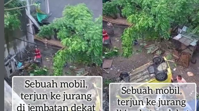 Sebuah mobil, terjun bebas ke jurang di Jembatan dekat PT Semen Jakarta Ciwandan, Kota Cilegon, Kamis sore 18 Desember 2025. Korban sudah di bawa ke RS Hermina Cilegon.