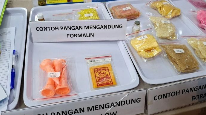 Salah satu sampel makanan mengandung zat berbahaya yang ditemukan Suku Dinas Ketahanan Pangan, Kelautan, dan Pertanian (KPKP) Jakarta Selatan di sejumlah pasar, Jakarta, Senin, 22 Desember 2025. ANTARA/Luthfia Miranda Putri.