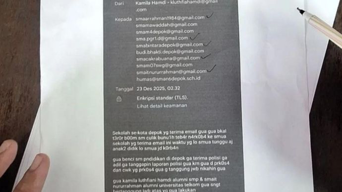 Bentuk pengancaman oleh pelaku terhadap 10 sekolah di Depok, Jawa Barat pada Selasa 23 Desember 2025. ANTARA/HO-Humas Polres Metro Depok