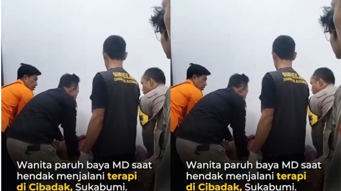 Seorang wanita paruh baya asal Cikembar, Kabupaten Sukabumi, MD saat hendak menjalani terapi di salah satu tempat terapi di Cibadak, Jumat pagi (26/12/2025). Korban bernama Acih (56) dilaporkan mengalami sesak napas sebelum terapi dimulai.