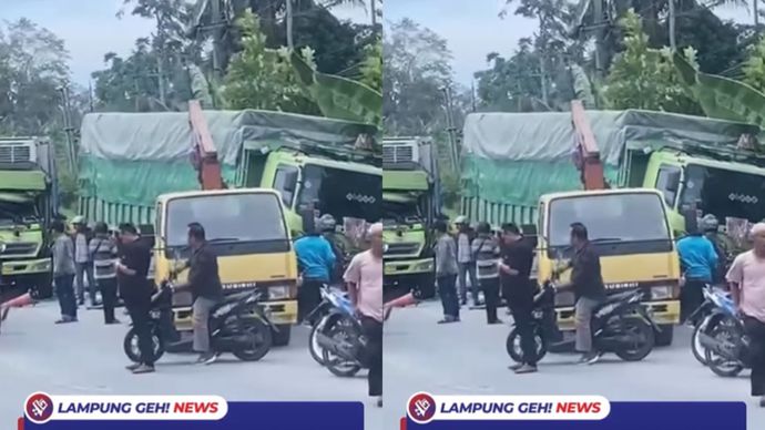  Telah terjadi kecelakaan di Jalan Lintas Sumatera tepatnya dekat pintu masuk Pantai Sebalang, Lampung Selatan, Rabu (31/12).  Berdasarkan video yang diterima Lampung Geh, kecelakaan itu melibatkan dua unit truk fuso. Terlihat petugas kepolisian telah berada di lokasi untuk membantu mengevakuasi korban.