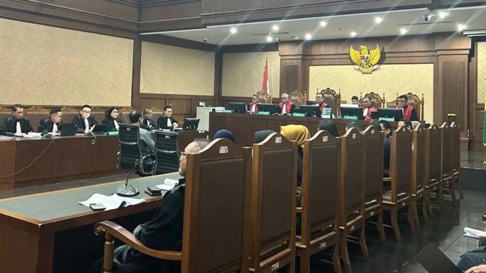 Sidang perdana kasus dugaan korupsi laptop Chromeboon yang menyeret Nadiem Makarim sebagai terdakwa, di Pengadilan Tipikor pada PN Jakpus, Senin 5 Januari 2025. (ANTARA/Agatha Olivia Victoria)