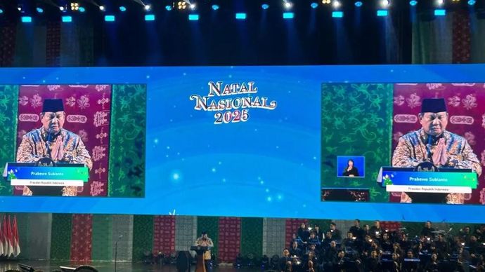 Presiden Prabowo Subianto menghadiri Puncak Perayaan Natal Nasional 2025 di Tenis Indoor, Jakarta, Senin 5 Januari 2026. ANTARA/Maria Cicilia Galuh