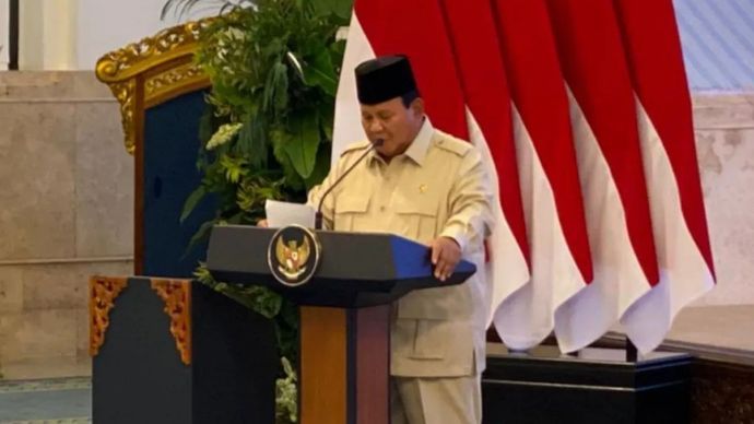Presiden Prabowo Subianto memberikan pidato sambutan pada acara pemberian penghargaan atlet SEA Games ke-33 Thailand 2025 di Istana Negara, Jakarta, Kamis,  8 Januari 2026. (ANTARA/Cahya Sari)