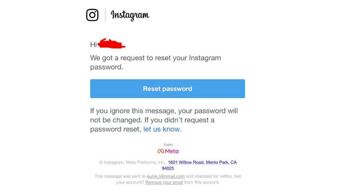 Email permintaan reset password Instagram.