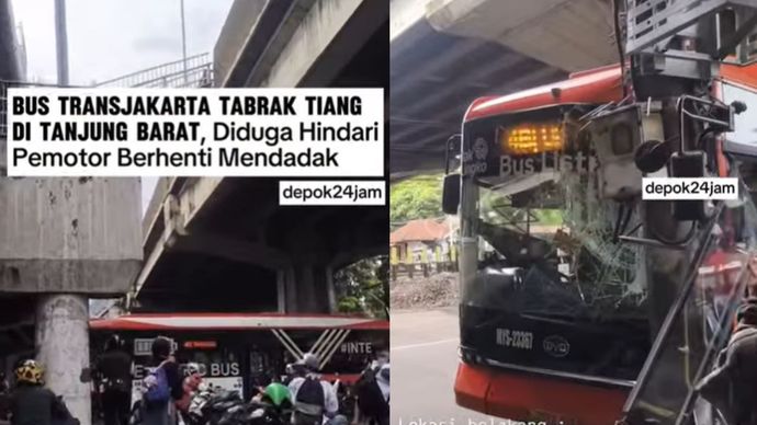 Sebuah bus TransJakarta mengalami kecelakaan di area belakang AEON Mall Tanjung Barat. Bus bernomor bodi MYS-23367 ini menabrak tiang penyangga setelah sang sopir berupaya menghindari seorang pengendara motor yang berhenti mendadak di depannya.
