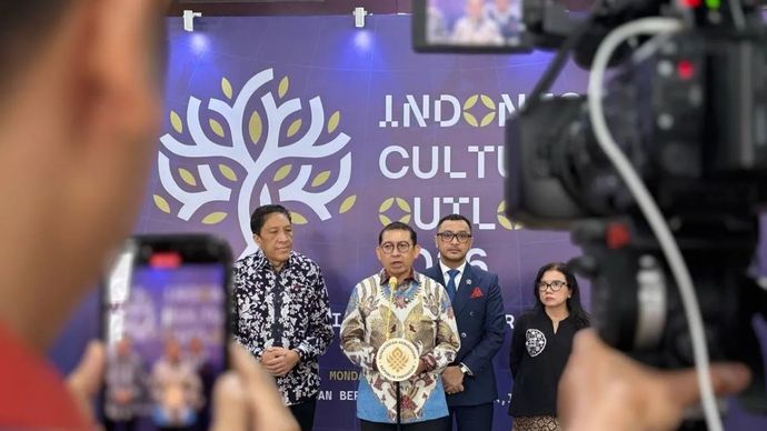 Menteri Kebudayaan Fadli Zon dalam jumpa pers usai gelaran Indonesian Culture Outlook 2026 di Jakarta, Senin, 19 Januari 2026. (ANTARA/Sinta Ambar)