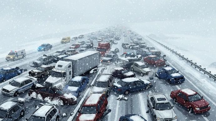 Gambar ilustrasi tentang tabrakan beruntun di tengah cuaca bersalju yang dihasilkan oleh kecerdasan buatan. (Google Gemini)