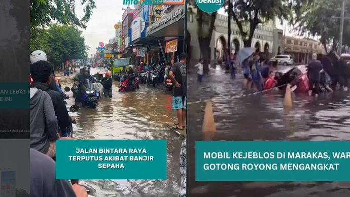 Banjir setinggi paha orang dewasa merendam Jalan Bintara Raya, Kecamatan Bekasi Barat, Kamis (22/01/26). Kendaraan yang menerobos banyak yang mogok.