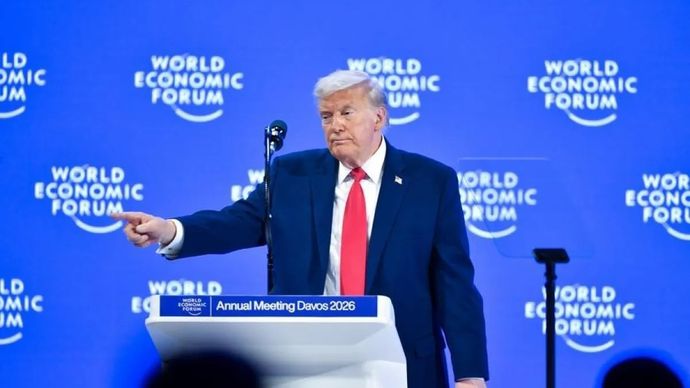 Presiden Amerika Serikat Donald Trump berpidato di acara tahunan World Economic Forum di Davos, Swis, pada 21 Januari 2026. (ANTARA/Xinhua/Lian Yi)