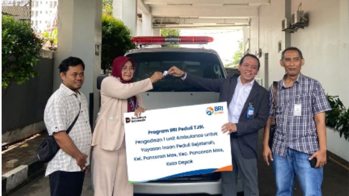 Bank Rakyat Indonesia (BRI) Kantor Cabang (KC) Depok menyalurkan bantuan program Tanggung Jawab Sosial Lingkungan (TJSL) berupa Ambulance ke Yayasan Insan Peduli Sejahterah yang berlokasi di Kelurahan/Kecamatan Pancoranmas, Kota Depok.