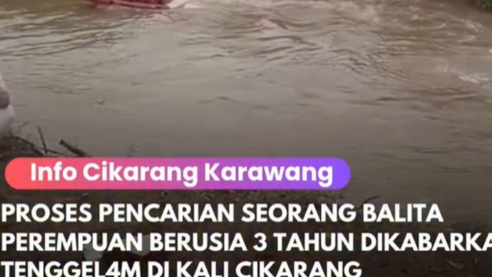 Proses pencarian seorang balita perempuan berusia 3 tahun dilaporkan hilang, diduga terseret arus arus aliran Kali Cikarang, di Perumahan Grand Cikarang Village, Desa Jaya Sampoerna, Kecamatan Serang Baru, Kabupaten Bekasi," pada Senin (26/1/2026).