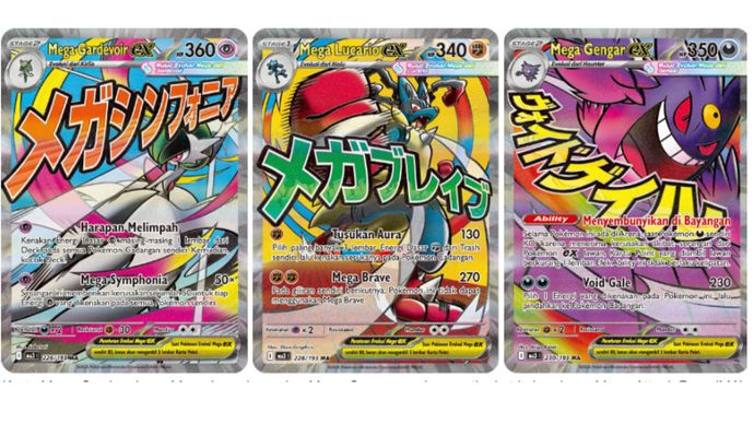 Kartu Mega Gardevoir ex, Mega Lucario ex dan Mega Gengar ex dengan tingkat kelangkaan Mega Attack Rare (MA) Pokemon