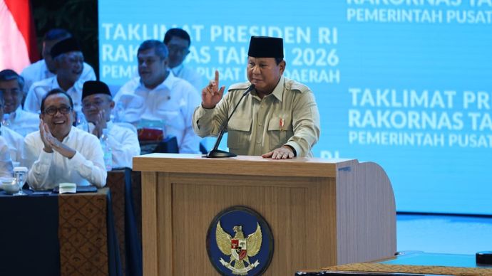 Presiden Prabowo Subianto pada Rapat Koordinasi Nasional (Rakornas) Pemerintah Pusat dan Daerah di Sentul, Kabupaten Bogor, Jawa Barat, pada Senin, 2 Februari 2026.