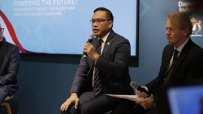 Direktur Utama PT Pertamina (Persero) Simon Aloysius Mantiri dalam diskusi yang bertajuk Powering the Future: Indonesia&rsquo;s Strategy for a Just and Ambitious Energy Transition, World Economic Forum (WEF), Davos, Rabu, 21 Januari 2026. (ANTARA/HO-BKPM)