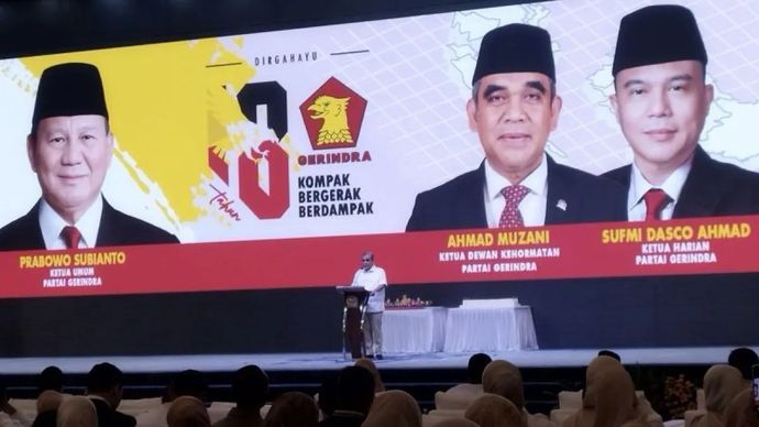 Ketua Dewan Kehormatan Partai Gerindra Ahmad Muzani berpidato dalam acara HUT Ke-18 Partai Gerindra di kompleks parlemen, Jakarta, Jumat, 6 Februari 2026. ANTARA/Bagus Ahmad Rizaldi