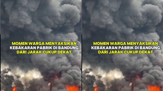 Warga sekitar tampak menyaksikan dari jarak cukup dekat saat terjadi kebakaran pabrik dengan asap tebal di seputaran Kopo, Bandung.  Diketahui asap tersebut berasal dari kebakaran sebuah pabrik di Jalan Cibolerang, Bandung.  Saat ini petugas Damkarmatan sudah dilokasi dan sedang melakukan penanganan.