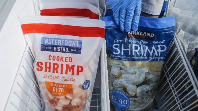 Petugas menata produk udang yang diekspor ke Amerika Serikat di Pelabuhan Tanjung Priok, Jakarta, Rabu, 3 Desember 2025. ANTARA FOTO/Asprilla Dwi Adha/tom.