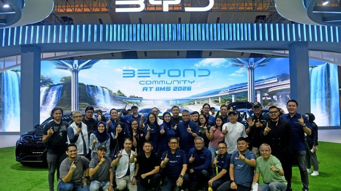 Booth BYD di IIMS 2026 menyatukan eksplorasi teknologi EV dan interaksi bersama komunitas pengguna BYD, BEYOND Community. (Foto: Dok/Istimewa)