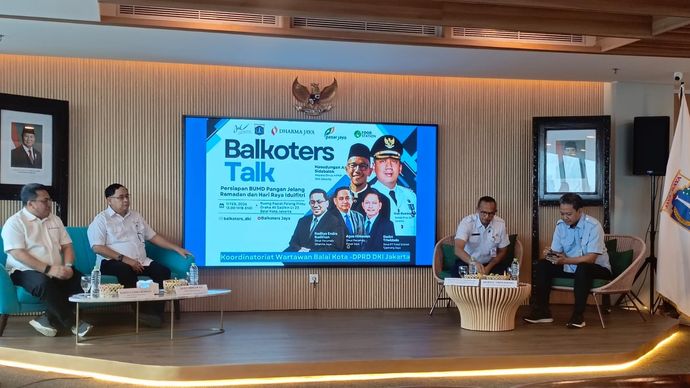 Balkoters Talk bertajuk 'Kesiapan Tiga Pangan BUMD Pangan Jelang Ramadan dan Idulfitri 2026', di Balai Kota DKI Jakarta.
