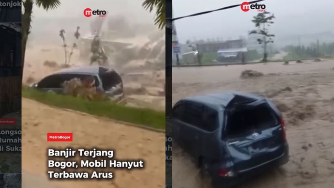 Banjir merendam kawasan Bojong Koneng, Babakan Madang, Kabupaten Bogor, Rabu (11/2/2026).  Air menggenangi akses jalan dan membuat satu unit mobil hanyut terbawa banjir.