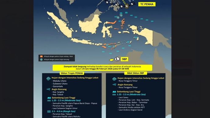 kondisi dinamika atmosfer pada Kamis, 5 Februari 2026, pukul 07.00 WIB, menunjukkan adanya Bibit Siklon Tropis 98P yang terpantau berada di daratan Australia bagian utara serta Siklon Tropis Penha yang berada di Samudra Pasifik sebelah timur Filipina. (ANTARA/HO-BMKG)