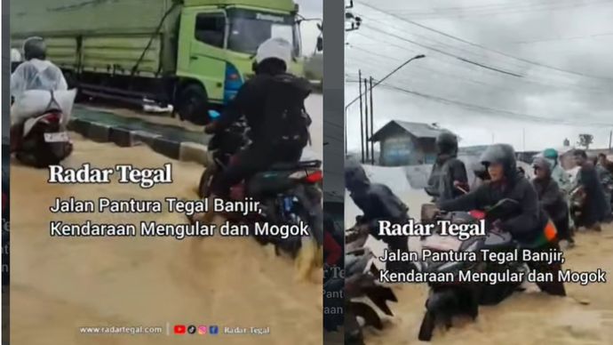 Jalur nasional Pantura Tegal&ndash;Pemalang nyaris lumpuh. Banjir setinggi lutut orang dewasa merendam ruas strategis penghubung antarprovinsi itu, Senin 16 Februari 2026 pagi.